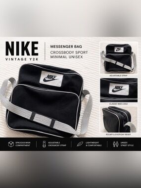 Nike Vintage Y2K Black Messenger Bag Crossbody Sport Minimal Unisex